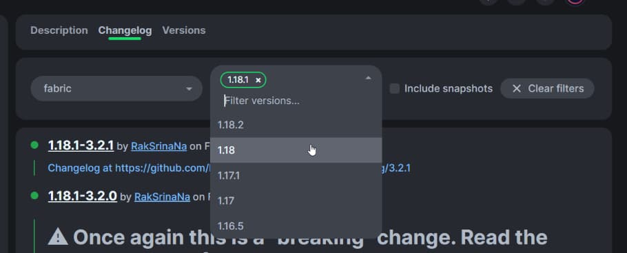 The new changelog and versions filtering options